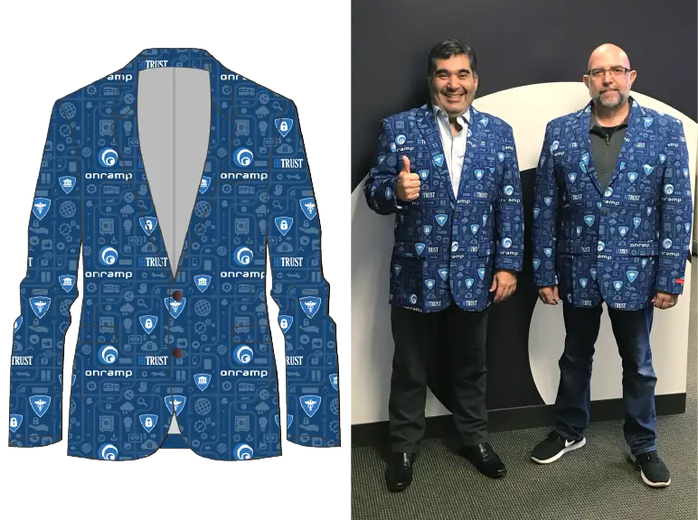 Custom blue blazer design featuring OnRamp and HITRUST logos shown as a digital mockup on the left and modeled by two men wearing the jackets on the right.