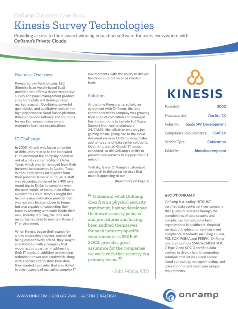 The front page of a case study for an OnRamp customer