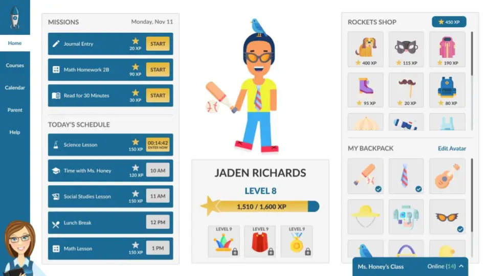 Gamified student dashboard interface showing missions, class schedule, avatar customization, and rewards. The student avatar named Jaden Richards is at Level 8 with experience points displayed, and options to buy items from a shop and store items in a backpack.
