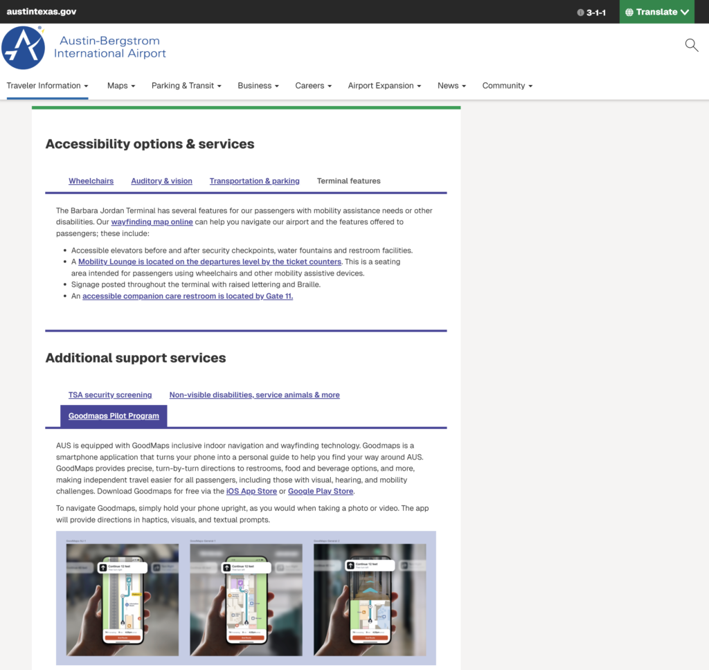 Screenshot of the Austin-Bergstrom International Airport website showing accessibility options and services, including mobility features, terminal amenities, and the GoodMaps indoor navigation pilot program.