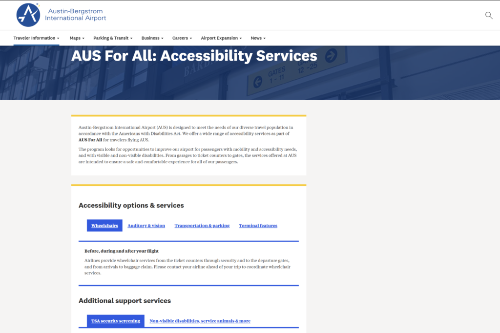 A screenshot of the Airport accessibility page with the information arranged in tabs according to accessibility needs.