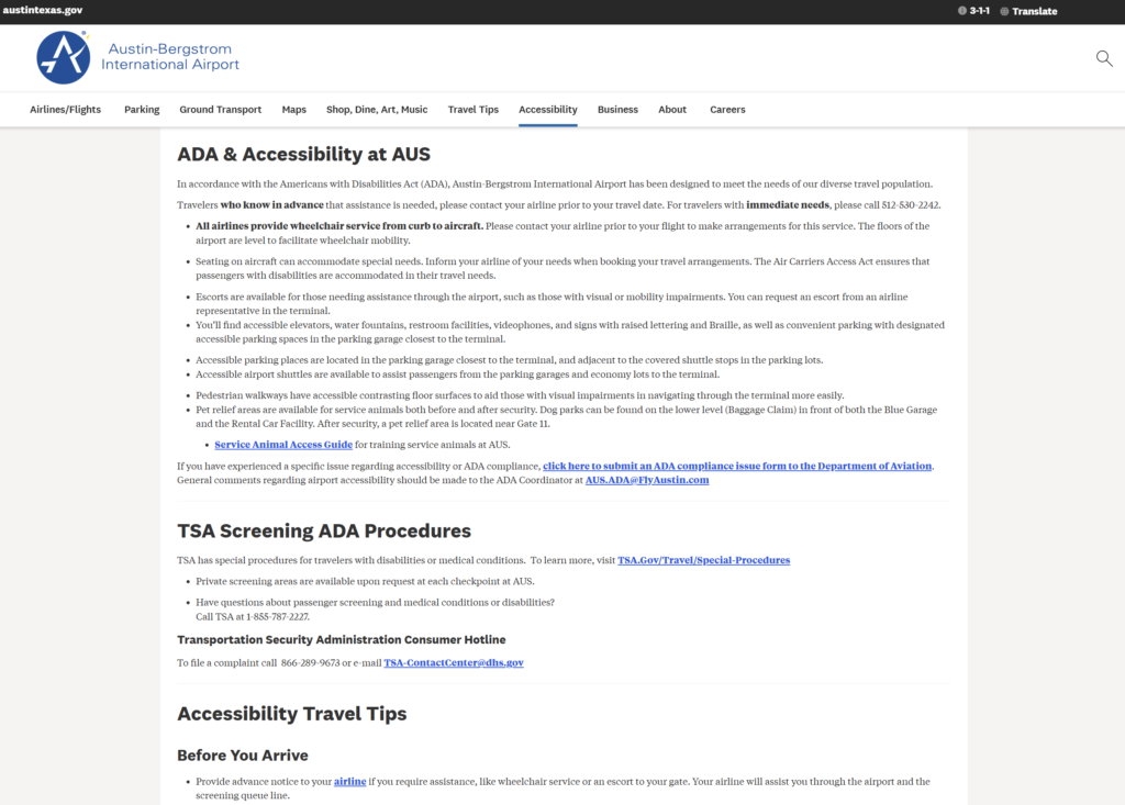 Screenshot of the original AUS accessibility page where information is in bullets but not organized logically